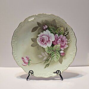 Vintage Lefton Green Heritage Hand Painted Handled Plate #05858 From 1987 Japan